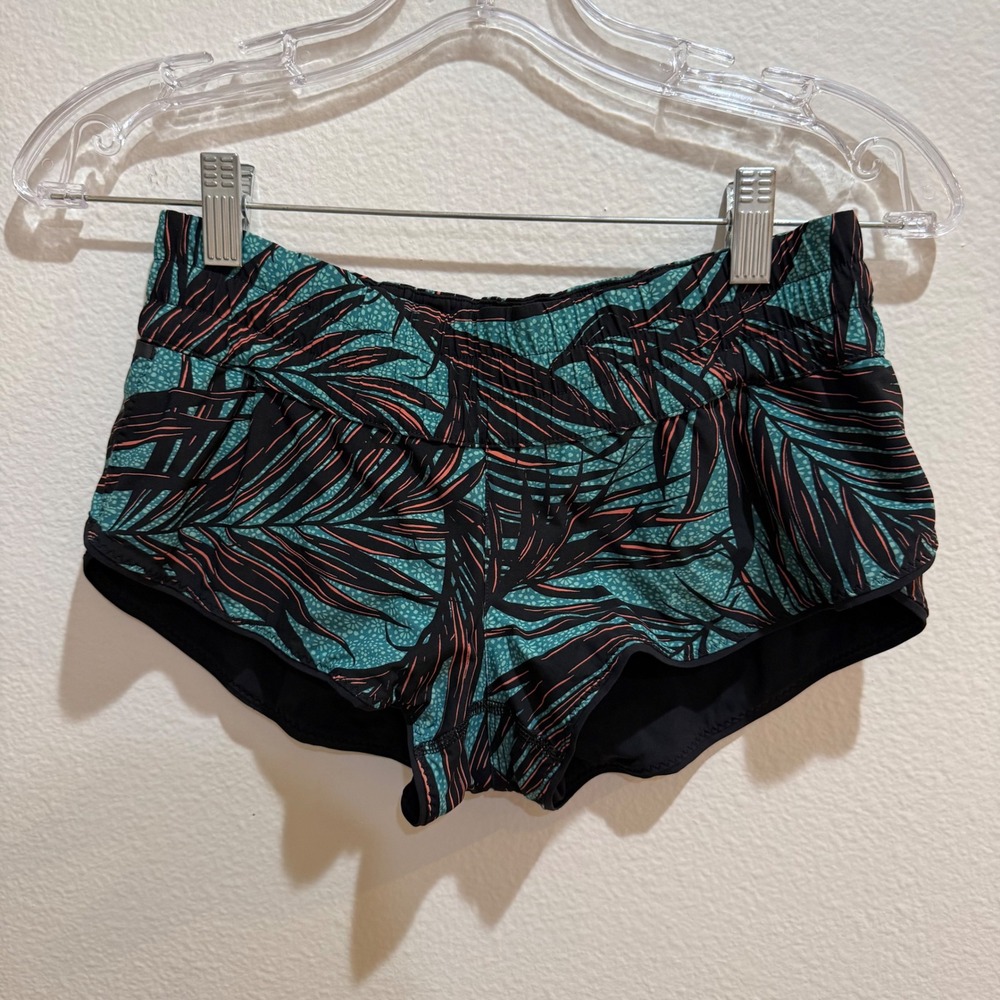Lululemon Tropical Palm Print Running Shorts Teal Black Coral Women Size 4